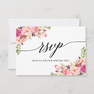 Moderne elegante Kalligrafie rosa florale Hochzeit RSVP Karte