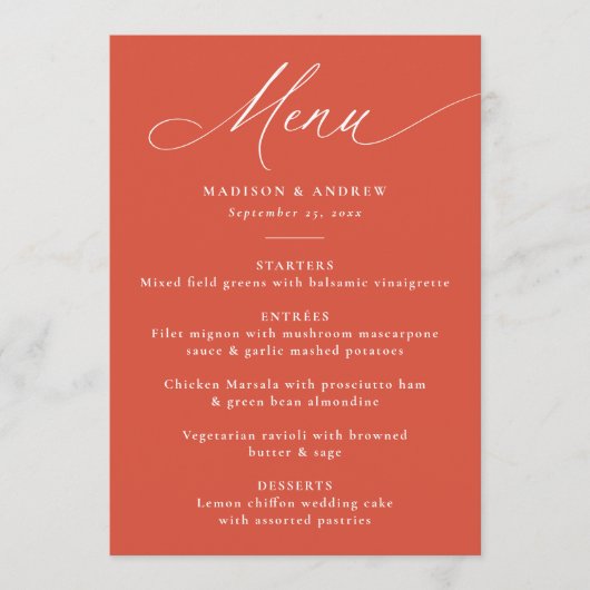 Moderne elegante Kalligrafie Verona Sunset Wedding Menükarte (Vorderseite)