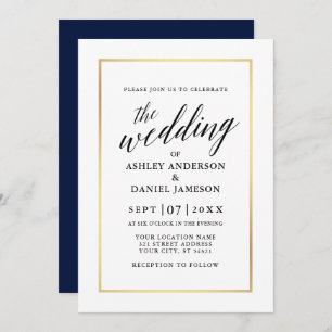 Moderne elegante Kalligrafie Wedding Blue Gold Einladung
