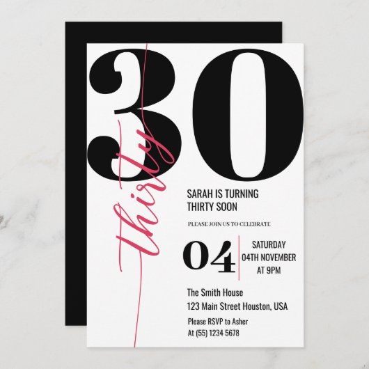 Moderne elegante Kalligraphie 30. Geburtstag Einladung (Vorne/Hinten)