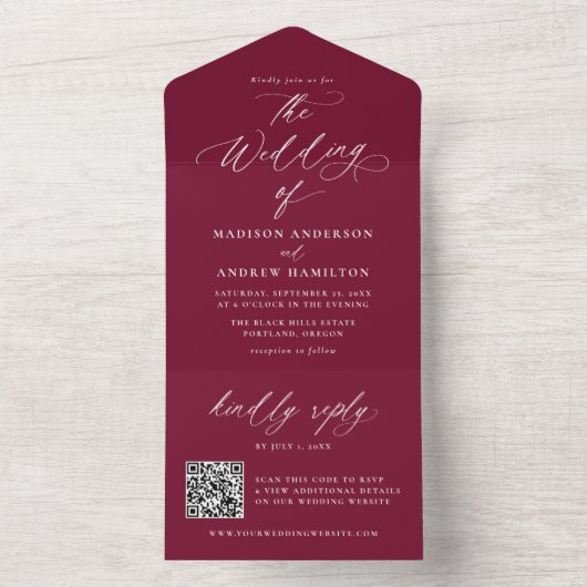 Moderne elegante Kalligraphie Burgundy Wedding All In One Einladung (Innen Boden)