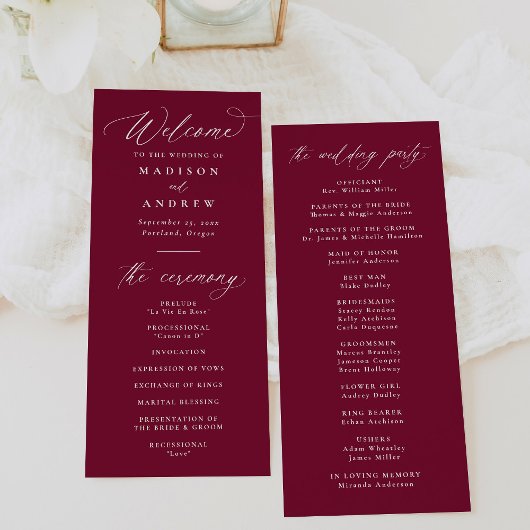 Moderne elegante Kalligraphie Burgundy Wedding Programm