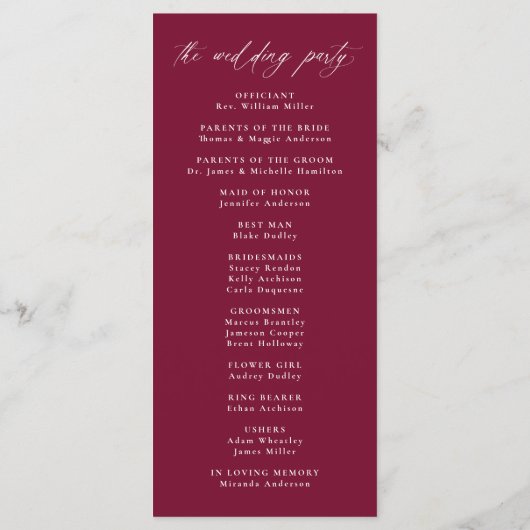 Moderne elegante Kalligraphie Burgundy Wedding Programm (Rückseite)