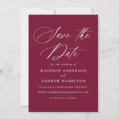 Moderne elegante Kalligraphie Burgundy Wedding Save The Date (Vorderseite)