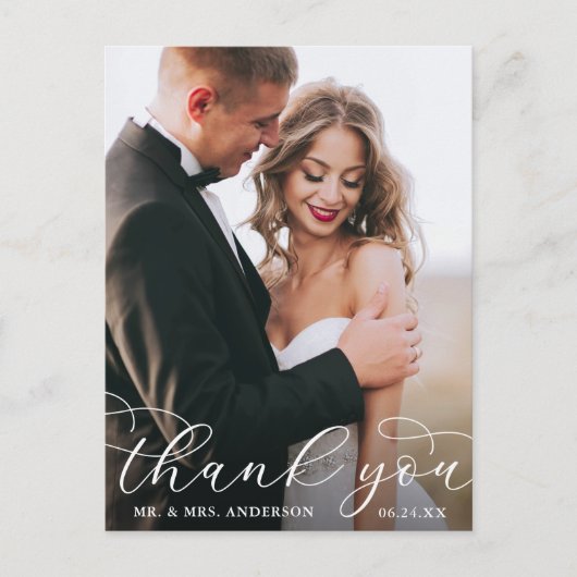 Moderne elegante Kalligraphie Hochzeit Vielen Dank Postkarte (Vorderseite)
