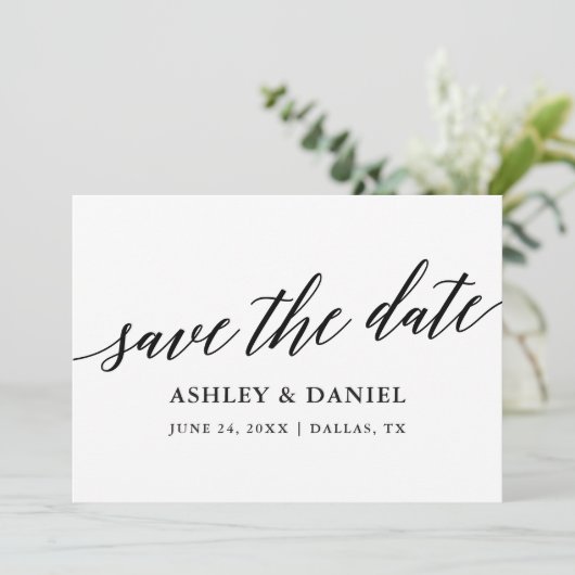 Moderne elegante Kalligraphie Save the Date Flachk Dankeskarte (Stehend Vorderseite)