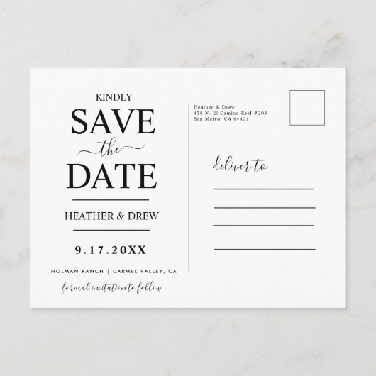 Moderne elegante Kalligraphie Save the Date Hochze Postkarte (Rückseite)
