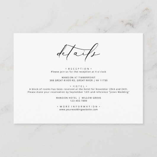 Moderne elegante kalligraphische Hochzeitdetails Begleitkarte (Vorderseite)