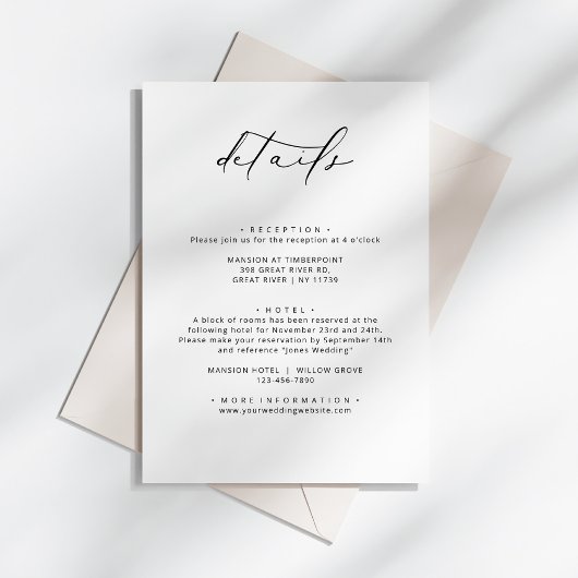 Moderne elegante kalligraphische Hochzeitdetails Begleitkarte