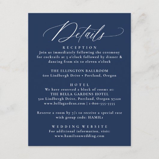 Moderne elegante kalligraphische Hochzeitsdetails Begleitkarte (Vorderseite)