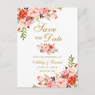 Moderne elegante Korallen-Blumen Gold Save-the-Dat Ankündigungspostkarte