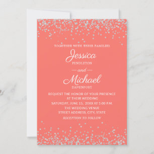 Moderne elegante Korallen-Silber-Glitter-Hochzeit Einladung