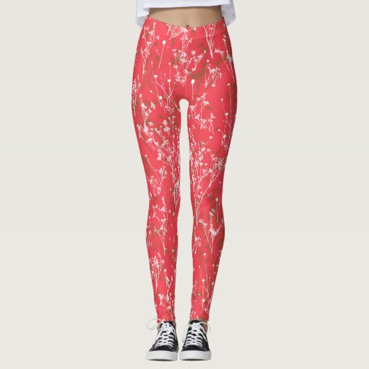 Moderne elegante korallenrote Wildblumen Leggings (Vorderseite)