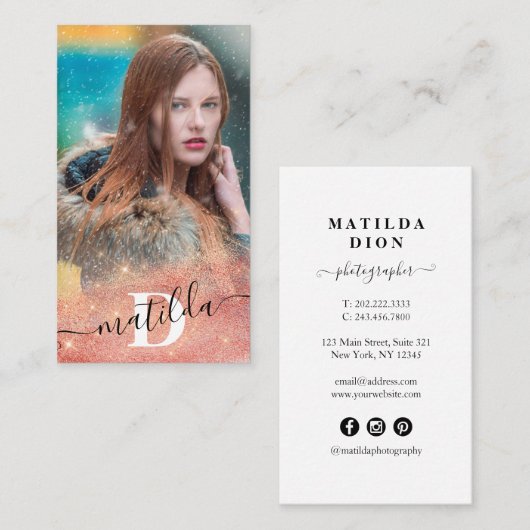 Moderne, elegante Kupfergold-Glitzer-Fotografie Visitenkarte (Vorne/Hinten)