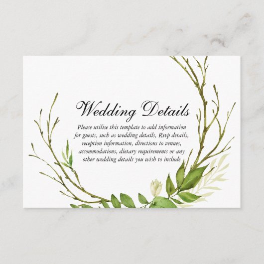 Moderne Elegante Leaf Wreath Wedding Details Begleitkarte (Vorderseite)