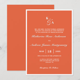 Moderne elegante leuchtend orange Monogramm-Hochze Einladung