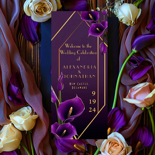 Moderne Elegante Lila und goldene Calla Lily Weddi Programm