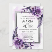 Moderne, elegante Lila und silberne Blumenhochzeit Einladung (Vorderseite)