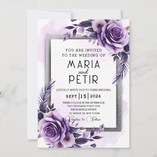 Moderne, elegante Lila und silberne Blumenhochzeit Einladung (Vorderseite)