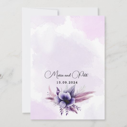 Moderne, elegante Lila und silberne Blumenhochzeit Einladung (Rückseite)