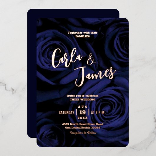 Moderne elegante Marineblau-Goldmedaille Hochzeit  Folieneinladung (Vorderseite/Rückseite)