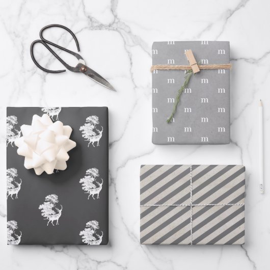Moderne elegante maskuline graue Monogramm Geschenkpapier Set (Vorderseite)