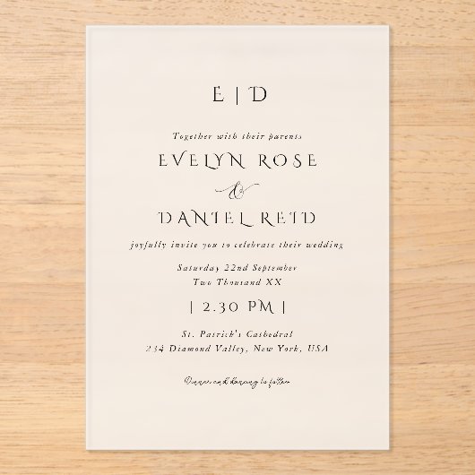 Moderne elegante Mattierte Akryllische Hochzeitsei Acryleinladungen (Vorderseite)