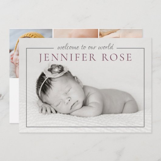 Moderne Elegante Mauve Baby Girl Foto Collage Gebu Ankündigung (Vorne/Hinten)