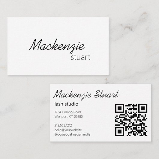 Moderne elegante minimale Haar-QR-Code-Schrift Visitenkarte (Vorne/Hinten)