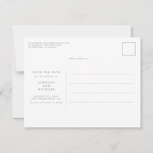 Moderne Elegante Minimalistisch Save the Date Post (Rückseite)
