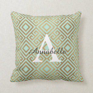 Moderne elegante Mint Green Gold Monogram Kissen