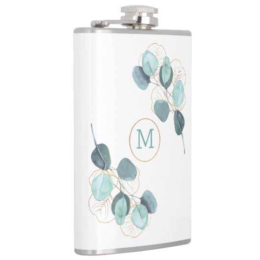 Moderne Elegante Mit Monogramm Eukalyptus Gold Flachmann (Rechts)