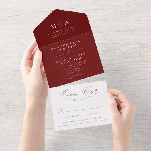 Moderne elegante Mongram Burgundy Wedding All In One Einladung (Abreißen)