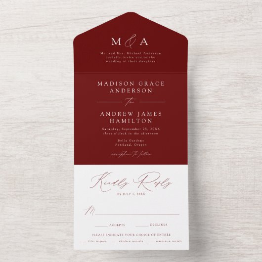 Moderne elegante Mongram Burgundy Wedding All In One Einladung (Innen Boden)