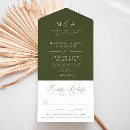 Moderne elegante Mongram Olive Green Wedding All In One Einladung