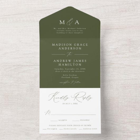 Moderne elegante Mongram Olive Green Wedding All In One Einladung (Innen Boden)