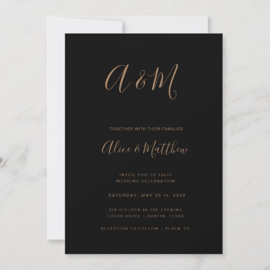 Moderne elegante Monogram Black Gold Wedding Einladung (Vorderseite)