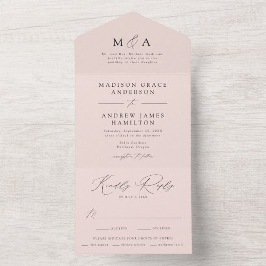 Moderne, elegante Monogram-Blush-Hochzeit All In One Einladung (Innen Boden)