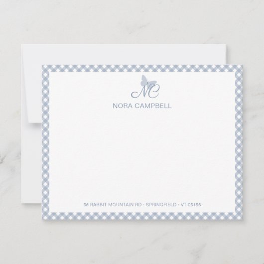 Moderne elegante Monogram Dusty Blue Gingham Karo Mitteilungskarte (Vorderseite)