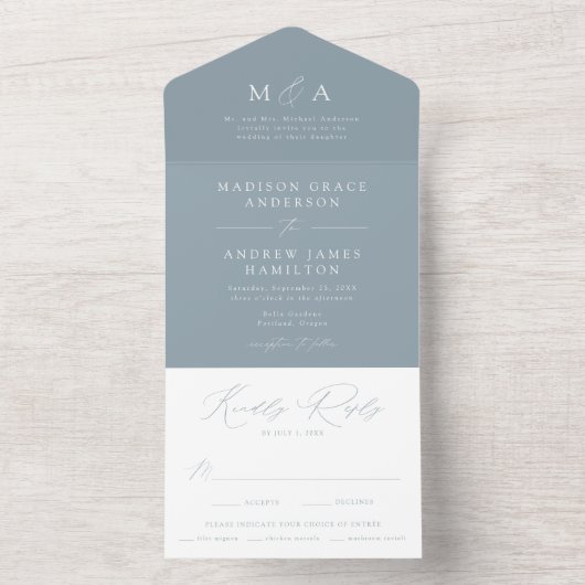 Moderne elegante Monogram Dusty Blue Wedding All In One Einladung (Innen Boden)