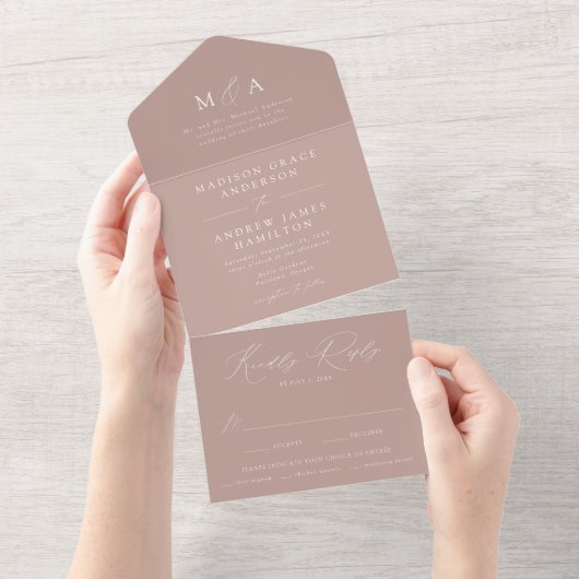 Moderne, elegante Monogram Dusty Rose Wedding All In One Einladung (Abreißen)