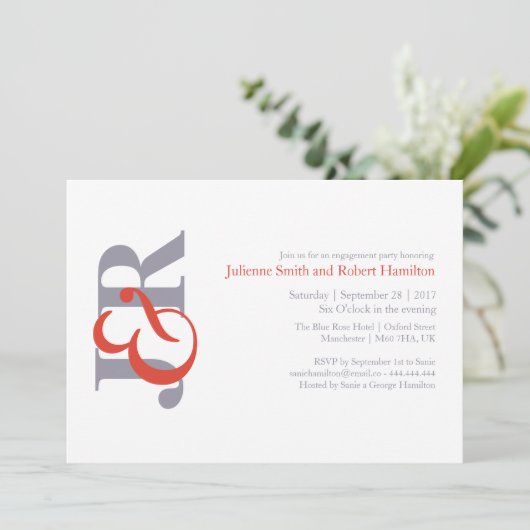 Moderne elegante Monogram-Engagement-Partei Einladung (Stehend Vorderseite)