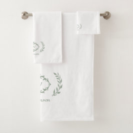 Moderne elegante Monogram, erste weiße Sage Green Badhandtuch Set