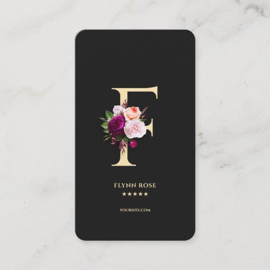 Moderne elegante Monogram F Floral Rose Black Visitenkarte (Vorderseite)