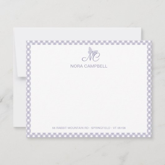 Moderne elegante Monogram Lavender Gingham Karo Mitteilungskarte (Vorderseite)
