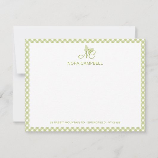 Moderne elegante Monogram Light Green Gingham Karo Mitteilungskarte (Vorderseite)