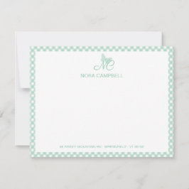 Moderne elegante Monogram Mint Green Gingham Karo Mitteilungskarte