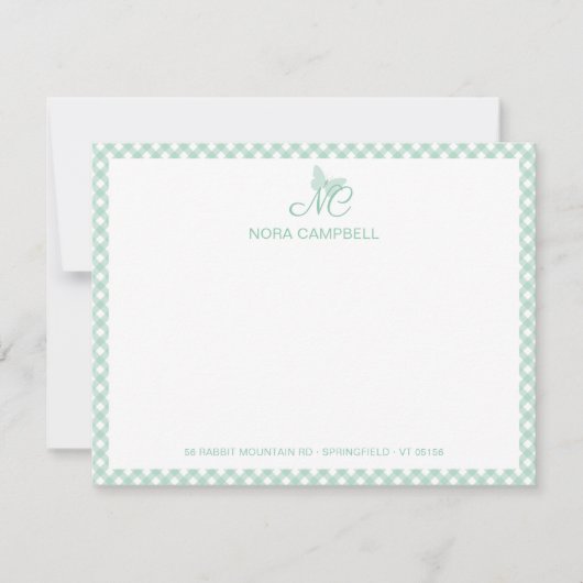 Moderne elegante Monogram Mint Green Gingham Karo Mitteilungskarte (Vorderseite)