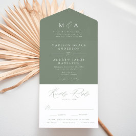 Moderne elegante Monogram Sage Green Wedding All In One Einladung