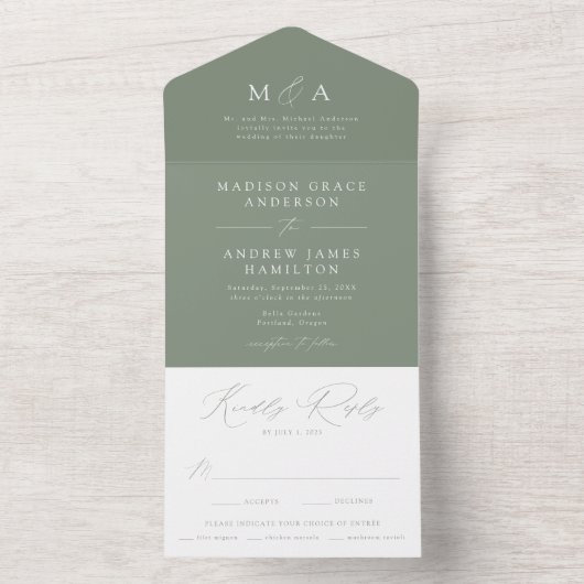 Moderne elegante Monogram Sage Green Wedding All In One Einladung (Innen Boden)